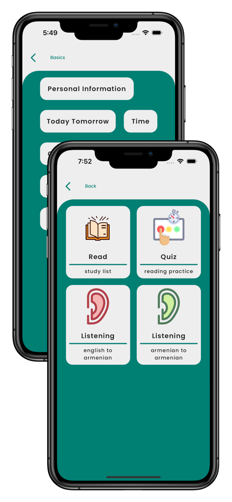 Telas do aplicativo móvel mostrando categorias de lições de língua armênia e módulos de estudo incluindo testes de leitura e prática de audição
