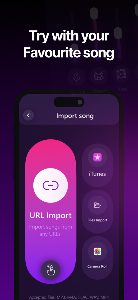 Vocal Remover: Music Separator - Interface of the Vocal Remover app showing song import options from URL, iTunes, files, and camera roll.