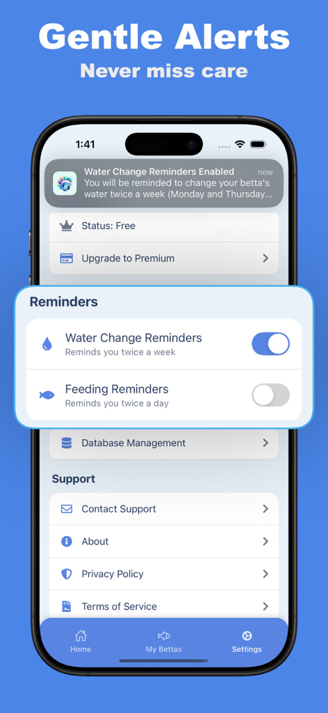 Betta Care: Fish Tracker - iPhone screen showing the Betta Care app with water change and feeding reminders toggles and a notification banner.