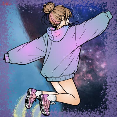 realistic girl jumping with a bun and oversized sweatshirt