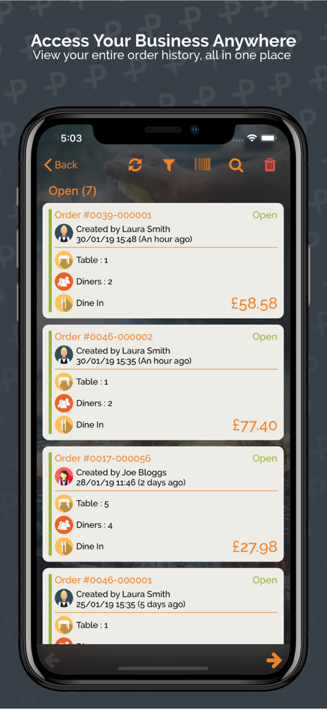 PosApptive POS mobile app interface displaying a list of open customer orders and restaurant table details