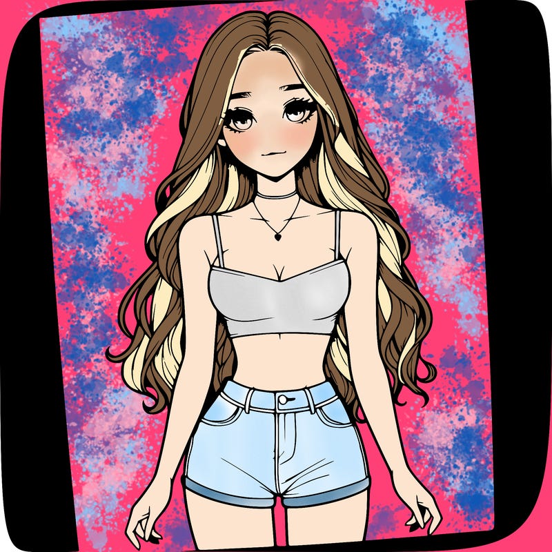 a realistic girl with long hair and in a crop top and shprts