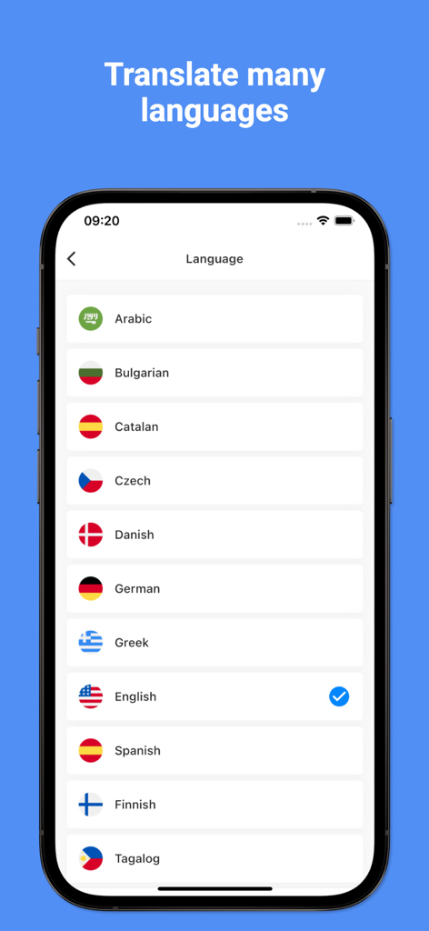 Una lista de varios idiomas disponibles para traducción dentro de la interfaz de la aplicación Italian Translator Pro
