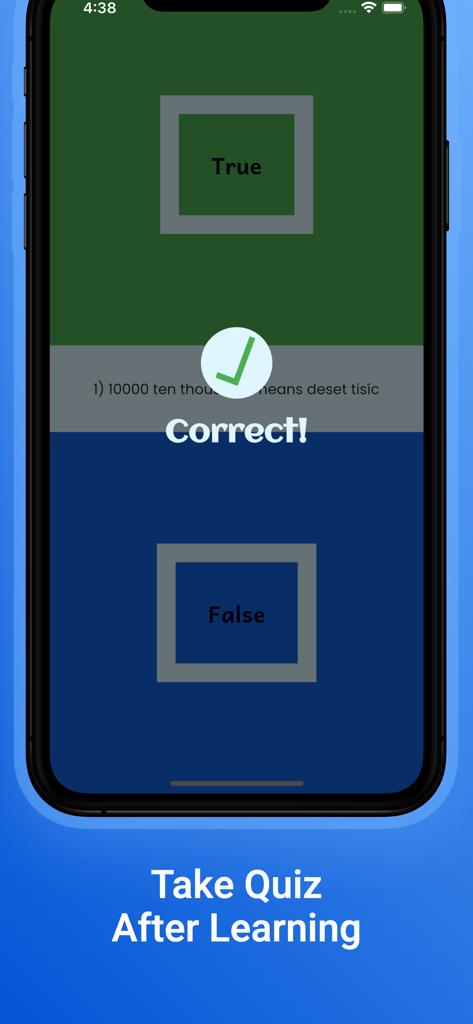 Uma interface de aplicativo móvel para um quiz de idioma tcheco mostrando uma resposta correta para uma pergunta de verdadeiro ou falso.