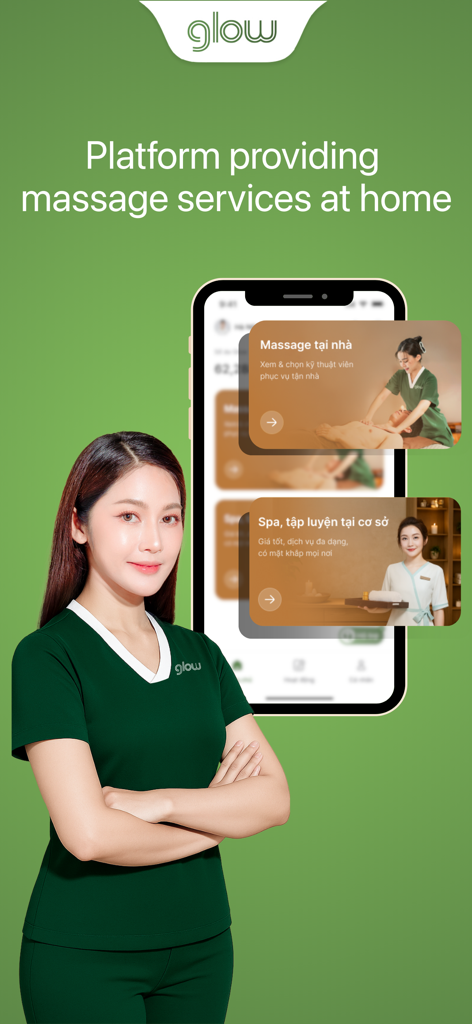 Glow - Beauty & Wellness - Glow app interface showing options for booking at home massage and spa services with a professional therapist