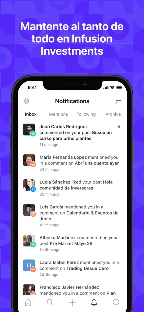 Tela de notificações do aplicativo Infusion Investments mostrando comentários e menções da comunidade em espanhol