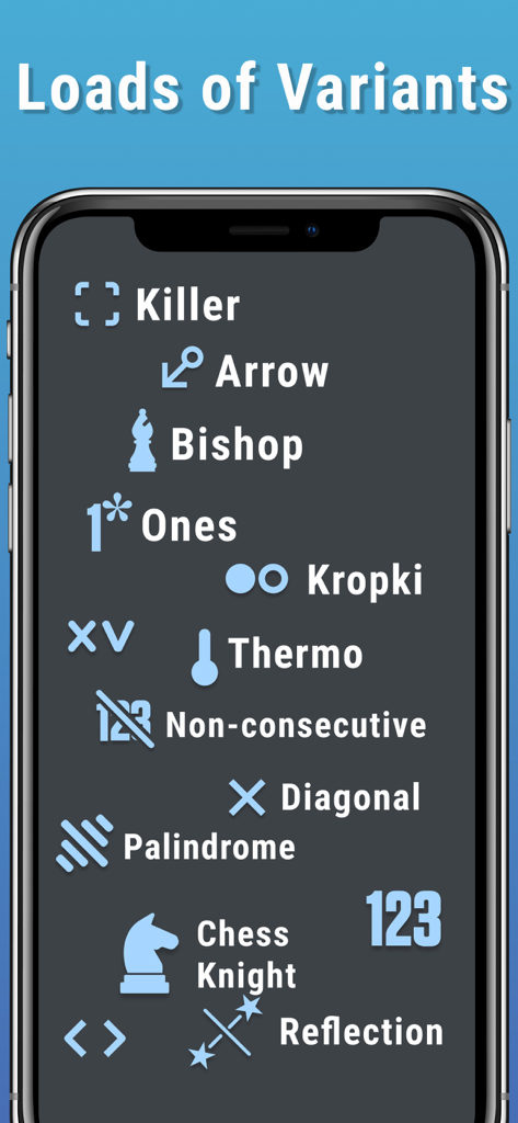Suguru & Variants by Logic Wiz - A list of logic puzzle variants available in the Suguru app including Killer Arrow Bishop and Chess Knight