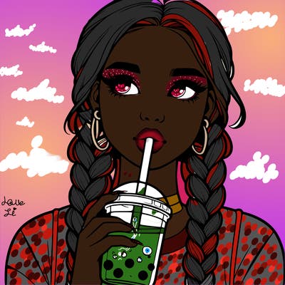 realistic girl with braided hair drinking boba