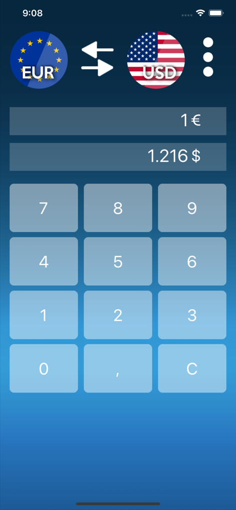 Currency Converter Premium app interface showing Euro to US Dollar exchange rate and numeric keypad
