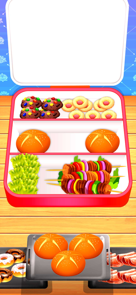Lunch Box Organizer Game - Embalando uma bento box vermelha com biscoitos, pães e espetinhos em um jogo organizador de marmita.