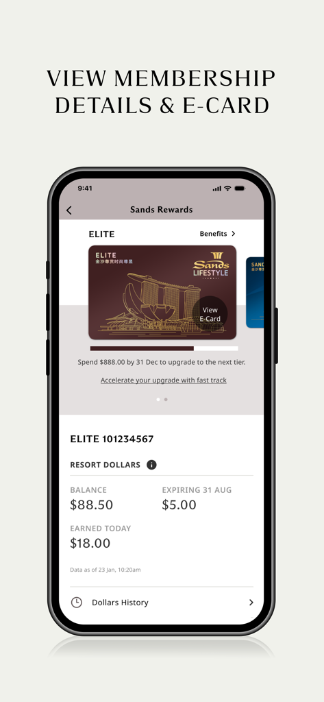 Interfaccia dell'app Marina Bay Sands che mostra il livello di appartenenza, l'e-card digitale e il saldo dei dollari del resort.