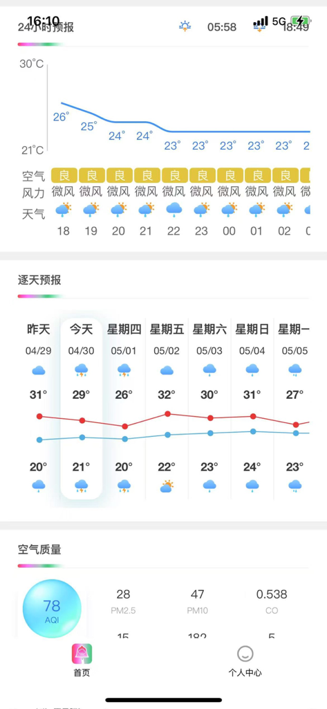 Mobile interface of the Ting Ke Ling app displaying detailed weather forecasts and air quality data for Guangdong province