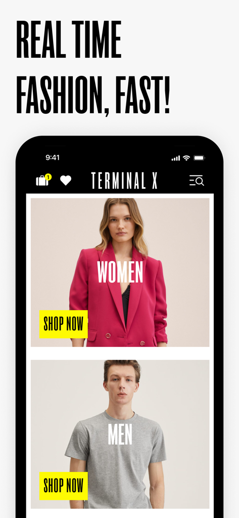 TERMINAL X - Terminal X mobile shopping app showing women and men fashion categories with shop now buttons