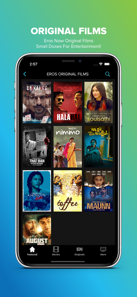 Eros Now app showcasing a grid of original Indian movies and films