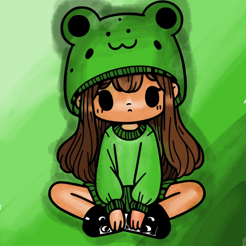 a girl wearing a frog hat and some frog socks