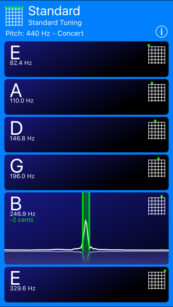 Guitar Tuner! - Interface de um aplicativo afinador de guitarra móvel mostrando notas de afinação padrão e uma forma de onda de frequência visual para a corda B