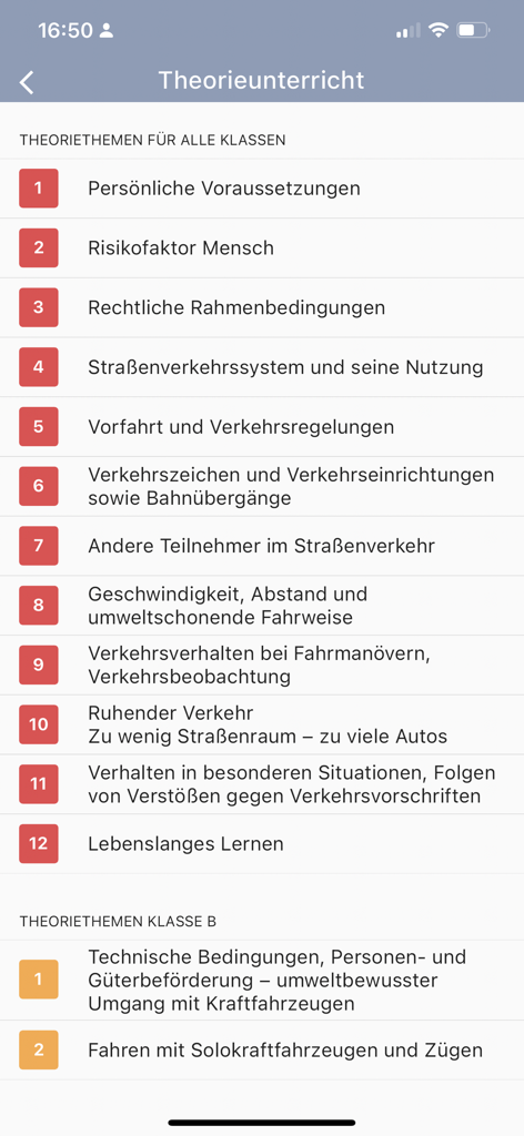 Fahrschule.de 2026 - Eine Liste deutscher theoretischer Fahrprüfungs-Themen und Führerscheinklassen-Module in der App