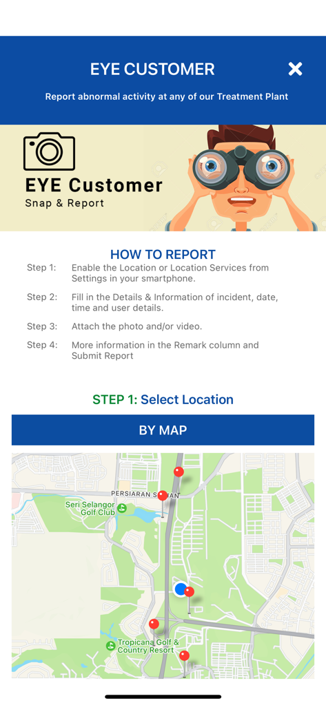 Indah Water - Indah Water app Eye Customer screen for reporting abnormal activity at treatment plants using a map.