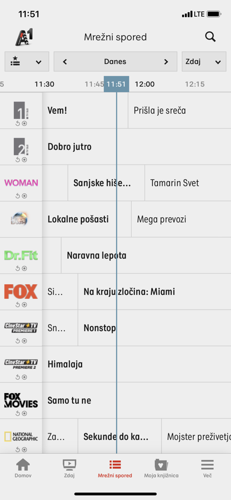 Slovenian TV program guide interface in the A1 Xplore TV Go app