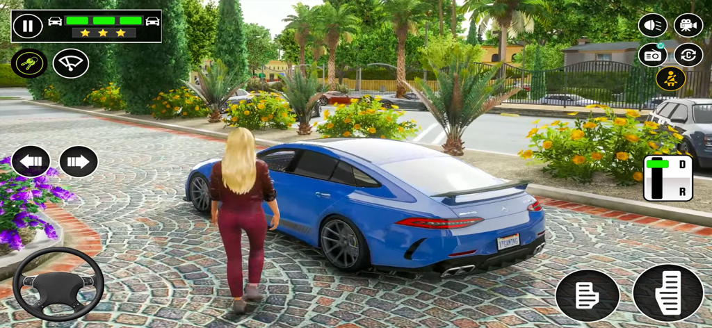 A woman standing next to a blue sports car in a 3D driving school simulator environment