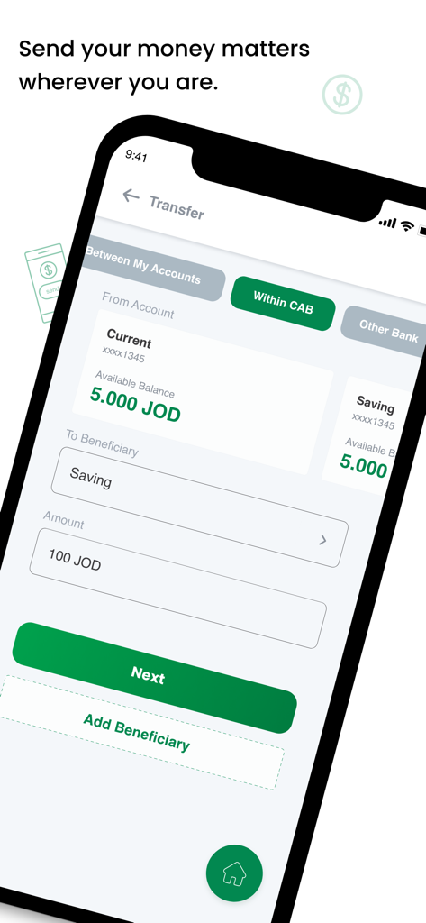 CAB Mobile Banking - Interfaccia dell'app CAB Mobile Banking che mostra la schermata di trasferimento per spostare denaro tra conti e verso altri beneficiari