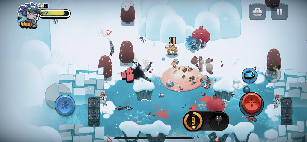 Juicy Realm - A character fighting mutant fruit enemies in a snowy level in Juicy Realm