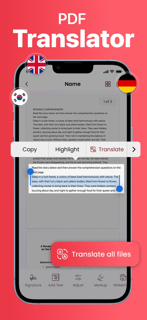 Tela do aplicativo móvel mostrando a tradução de PDF e ferramentas de edição de documentos