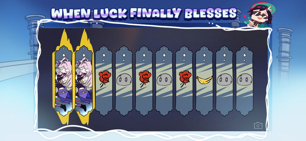 Wacky Wisher: Silly Genshin - Una pantalla de resultados de gacha parodia de Wacky Wisher con arte de personajes tonto y objetos de meme como un plátano y slimes