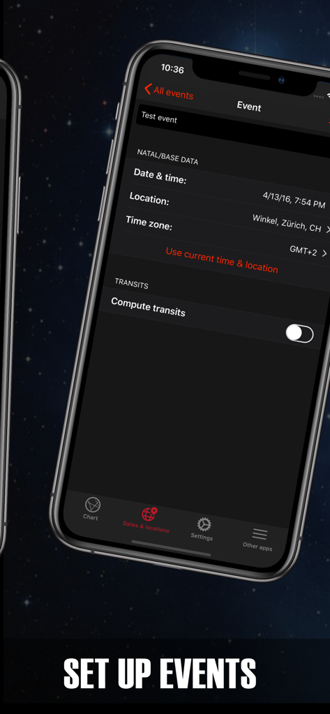 Astro Pro astrology app interface for setting up natal event data.