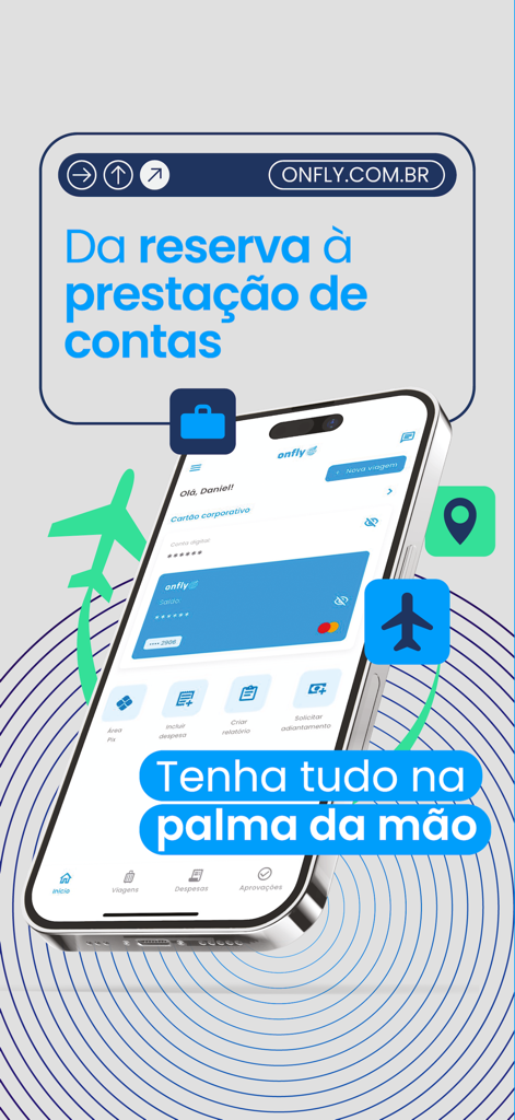 Interfaz de la aplicación móvil Onfly para la gestión de viajes corporativos y gastos en un smartphone