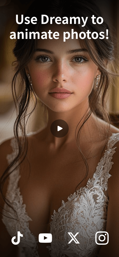 Dreamy - AI Video Generator - Dreamy KI-App-Oberfläche, die ein Porträt einer Frau mit dem Text Use Dreamy to animate photos und Social-Media-Icons zeigt.