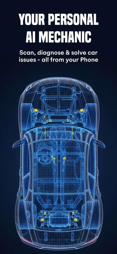 Torque Pro : OBD2 Car Scanner - Un'auto blu stilizzata che illustra la funzione di diagnostica del meccanico AI di Torque Pro