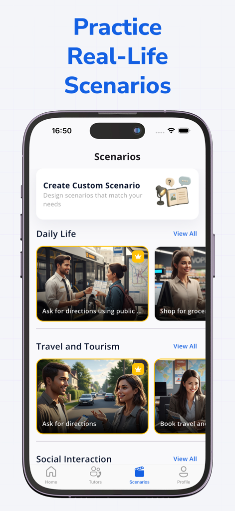 Vocha - Speaking Practice AI - Interface of the Vocha app showing various real-life speaking scenarios for language practice like daily life and travel.