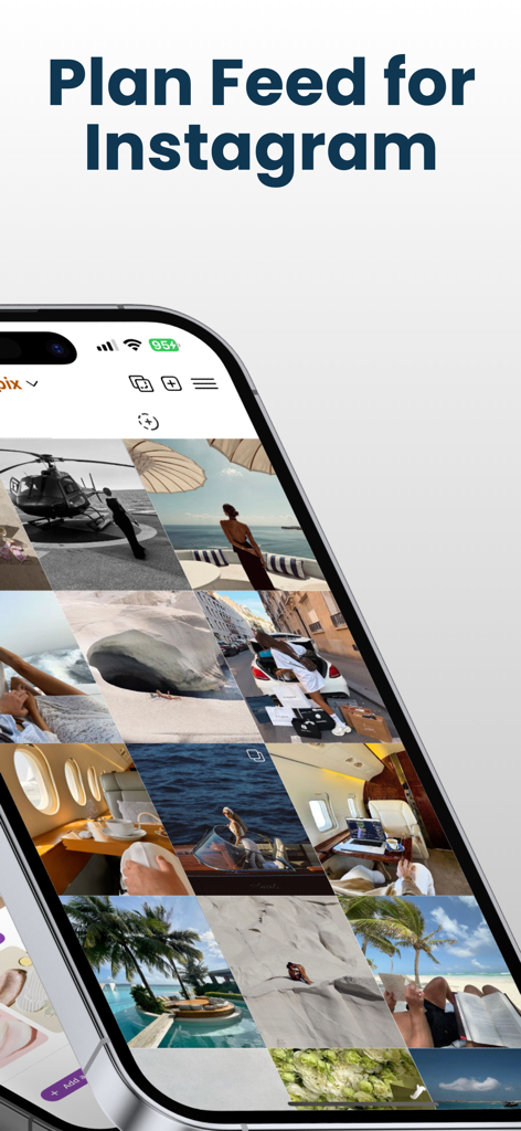 FlowPix Instagram Feed Preview - A mobile app interface displaying a planned Instagram photo grid with various lifestyle images