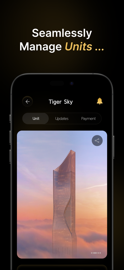 Tiger Plus app interface showing property unit management for the Tiger Sky skyscraper