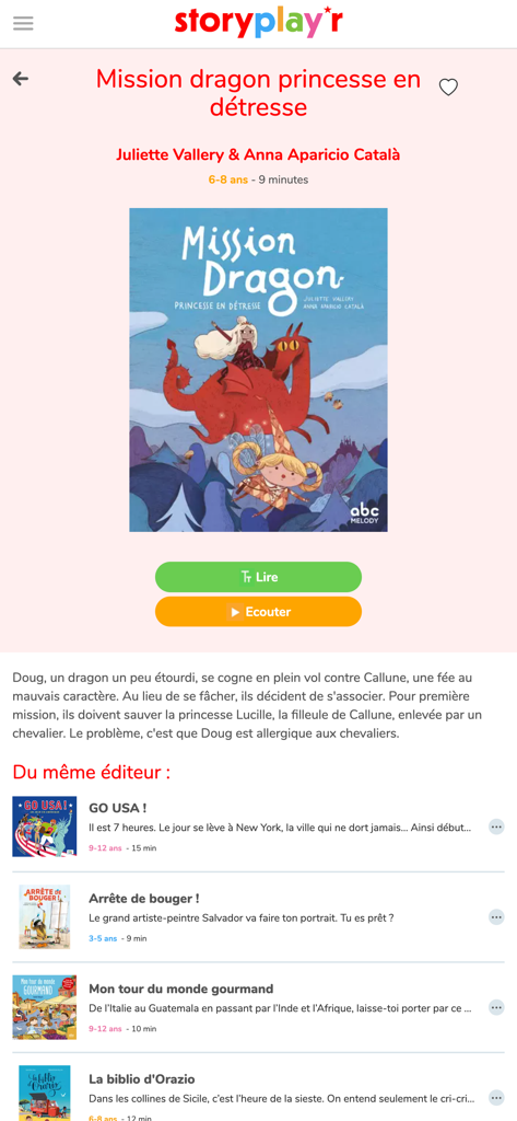 Storyplayr app interface showing a children's book profile with buttons to read or listen to the story.