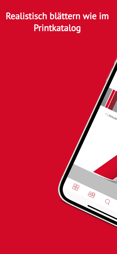 Häfele Catalogue - Smartphone che visualizza l'app Catalogo Hafele con una realistica funzione di sfogliazione digitale delle pagine su sfondo rosso.