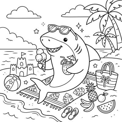 Get ready for a splash of summer fun with this adorable bull shark coloring page! Perfect for kids, it captures a cheerful shark enjoying a relaxing beach vacation amidst tropical treats.