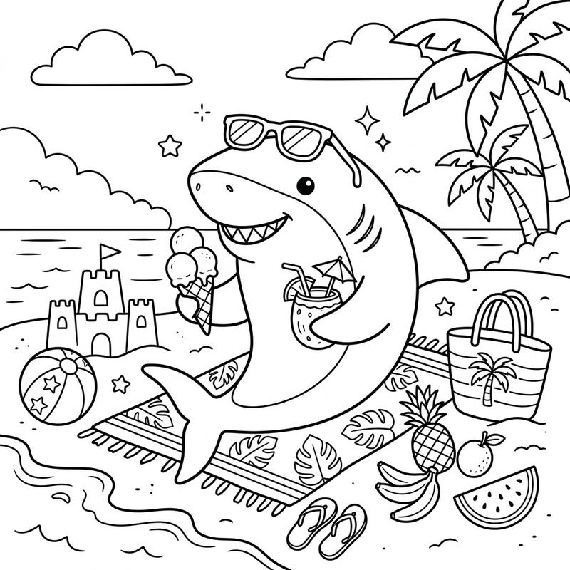 Get ready for a splash of summer fun with this adorable bull shark coloring page! Perfect for kids, it captures a cheerful shark enjoying a relaxing beach vacation amidst tropical treats.