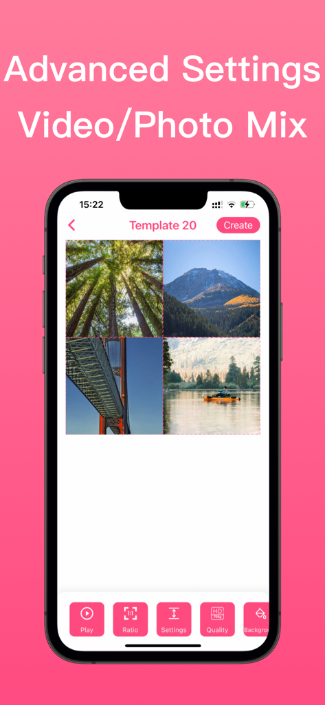 VideoGrid-Video Collage Maker - Mobile app interface of VideoGrid showing a 4-frame collage template with nature and landscape images.