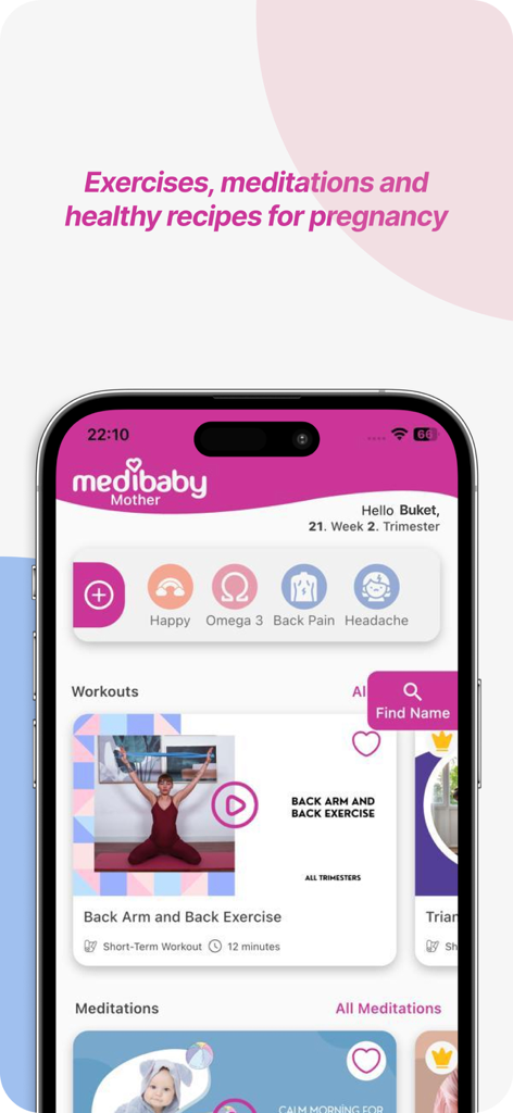 MediBaby—Pregnancy Tracker App - MediBaby app dashboard showing prenatal exercises and meditation categories for expectant mothers
