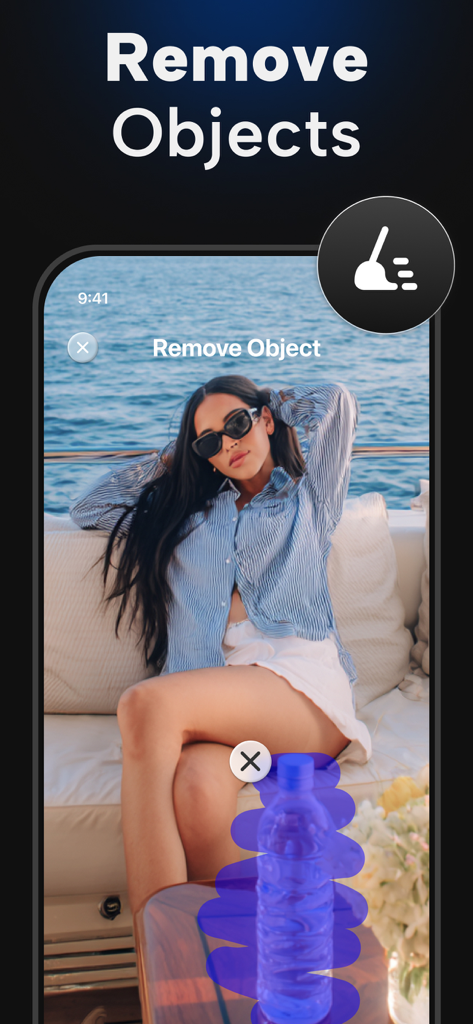 PhotoApp - AI Photo Enhancer - A mobile interface showing an AI tool removing an unwanted water bottle from a photo of a woman on a boat