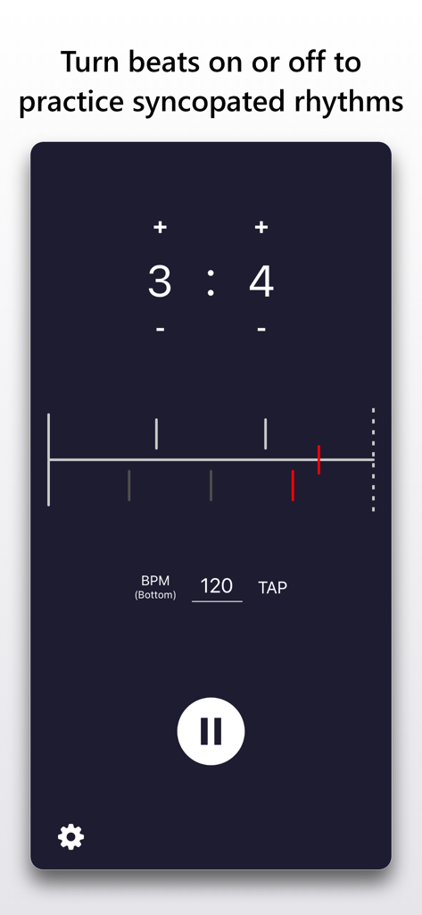 Polyrhythm app interface for practicing syncopated rhythms with a 3 to 4 visualization