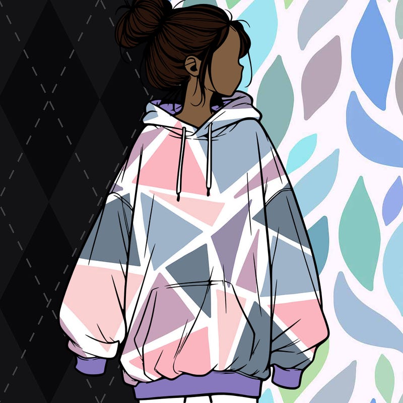 realistic girl with a oversized sweatshirt on and a bun