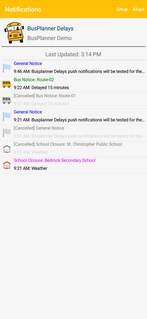 Screenshot of BusPlanner Delays app showing a list of school bus notifications and school closure alerts