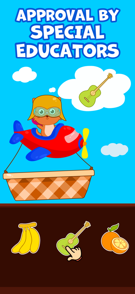 Kids Autism Games - AutiSpark - AutiSpark educational app screenshot showing a matching game with an airplane pilot cat and an object association task approved by special educators