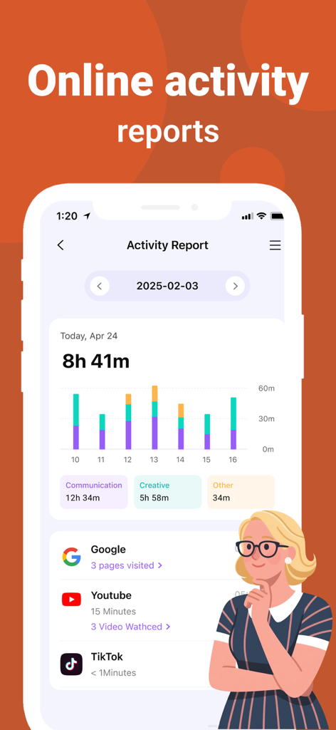 Interfaz de la aplicación FamiSafe que muestra un informe detallado de actividad en línea con un gráfico de barras de tiempo de pantalla diario y estadísticas de uso para YouTube y TikTok.