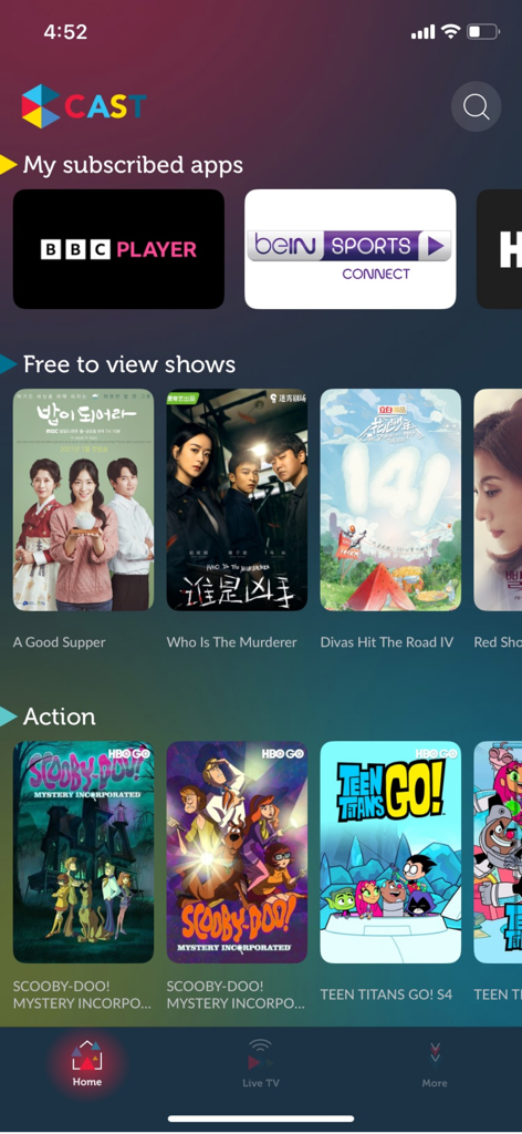 Singtel Cast - 구독 중인 앱, 무료 쇼, 액션 시리즈 등 다양한 콘텐츠 카테고리를 보여주는 Singtel Cast 모바일 앱 인터페이스