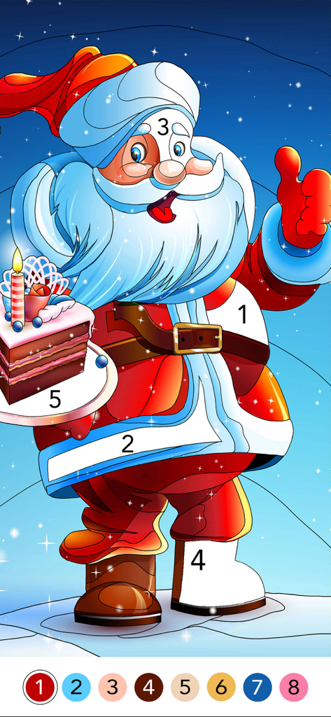 Una pagina da colorare digitale a pittura per numero di Babbo Natale che tiene una torta
