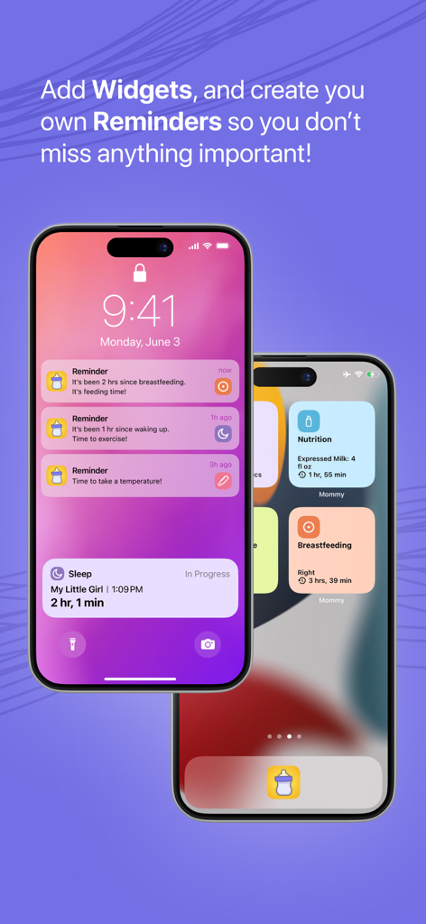 Mommy - Baby Tracker & Diary - Pantallas de iPhone que muestran recordatorios de seguimiento de bebés y widgets de pantalla de inicio para tomas y sueño